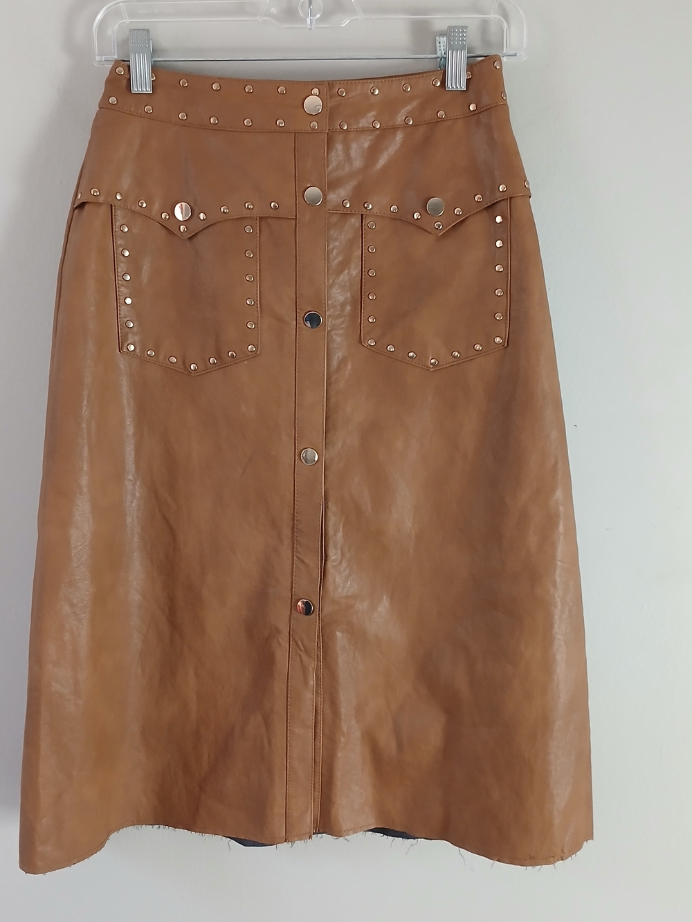 Zara Women's Size S Studded Faux Leather Midi Skirt Button Front Button Front